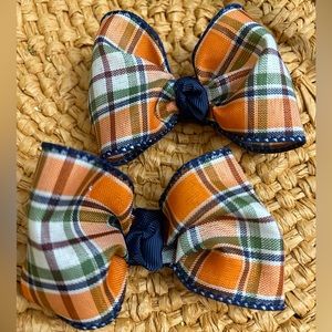 Boutique large Fall plaid piggy tail hair bows clips, a pair. Orange, blue green